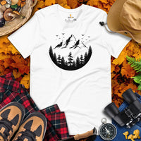 Camping & Hiking Shirt - Presents, Gift Ideas for Campers, Hikers, Nature Lovers - Happy & Happier Camper Shirt - Mountaineering T-Shirt - White