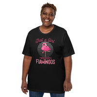 Camping & Hiking T-Shirt - Flamingo Shirt - Presents, Gift Ideas for Bird Lovers, Birdwatchers, Birders - A Girl Who Loves Flamingos Shirt - Black, Large Size for Overweight