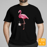 Pink Flamingo & Coffee Aesthetic T-Shirt for Coffee Lover - Barista Shirt - Summer Vibes, Bachelorette Party Shirt - Vacation Tee - Black, Large Size for Overweight