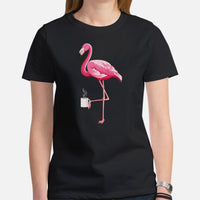 Pink Flamingo & Coffee Aesthetic T-Shirt for Coffee Lover - Barista Shirt - Summer Vibes, Bachelorette Party Shirt - Vacation Tee - Black, Women