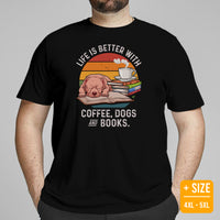 Pit Bull Dog Themed Clothes - Gifts for Bully Dog Lovers - Canine Tee Shirts For Humans - Life Is Better With Dogs, Books & Coffee Tee - Black, Plus Size