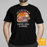 Pit Bull Dog Themed Clothes - Gifts for Bully Dog Lovers - Canine Tee Shirts For Humans - Life Is Better With Dogs, Books & Coffee Tee - Black, Plus Size