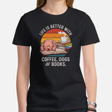 Pit Bull Dog Themed Clothes - Gifts for Bully Dog Lovers - Canine Tee Shirts For Humans - Life Is Better With Dogs, Books & Coffee Tee - Black, Women