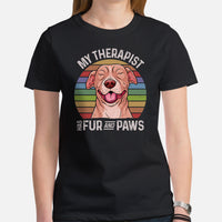 Pit Bull Dog Themed Clothes - Gifts for Bully Dog Lovers - Funny Canine Tee Shirts For Humans - My Therapist Has Fur And Paws T-Shirt - Black, Women