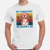 Pit Bull Dog Themed Clothes - Gifts for Bully Dog Moms, Dads & Lovers - Funny Canine Tee Shirts For Humans - My Therapist Barks T-Shirt - White, Men
