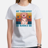 Pit Bull Dog Themed Clothes - Gifts for Bully Dog Moms, Dads & Lovers - Funny Canine Tee Shirts For Humans - My Therapist Barks T-Shirt - White, Women