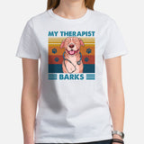 Pit Bull Dog Themed Clothes - Gifts for Bully Dog Moms, Dads & Lovers - Funny Canine Tee Shirts For Humans - My Therapist Barks T-Shirt - White, Women