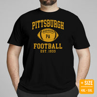 Pittsburgh Est.1933 T-Shirt - Football Fanatic Vintage Graphic Shirt: Retro Style, Ideal Gifts for Football Fans - Game Day Shirt - Black, Plus Size
