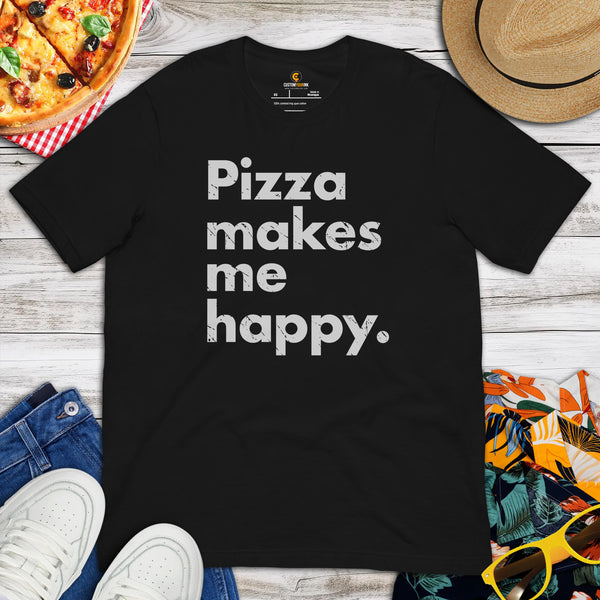Pizza Shirt - Foodie Gift Ideas, Presents For Foodies, Pizza Makers & Junk Food Lovers - Pizza Makes Me Happy Tee Shirt - Black