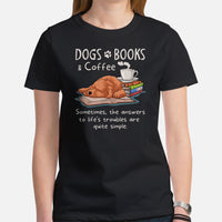 Poodle Dog Themed Clothes & Attire - Funny Canine Tee Shirts For Humans - Gifts for Book & Dog Lovers - Dogs, Books And Coffee T-Shirt - Black, Women