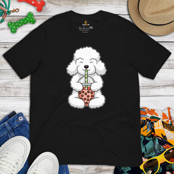 Poodle Dog Themed Clothes, Attire - Funny Canine Tee Shirts For Humans - Gifts for Dog Lovers - Cute Poodle Enjoying Bubble Tea T-Shirt - Black