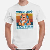 Pro Wrestling T-Shirt - Gifts for Wrestlers, Beer Lovers - Smokey The Bear Shirt - Wrestling And Beer Because Murder Is Wrong Tee - White, Men