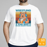 Pro Wrestling T-Shirt - Gifts for Wrestlers, Beer Lovers - Smokey The Bear Shirt - Wrestling And Beer Because Murder Is Wrong Tee - White, Plus Size