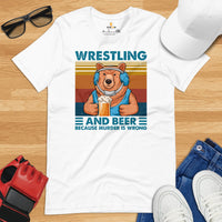 Pro Wrestling T-Shirt - Gifts for Wrestlers, Beer Lovers - Smokey The Bear Shirt - Wrestling And Beer Because Murder Is Wrong Tee - White