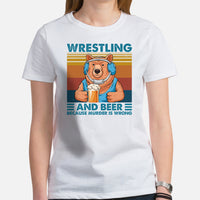 Pro Wrestling T-Shirt - Gifts for Wrestlers, Beer Lovers - Smokey The Bear Shirt - Wrestling And Beer Because Murder Is Wrong Tee - White, Women