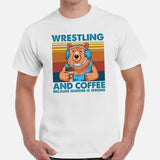 Pro Wrestling T-Shirt - Gifts for Wrestlers, Coffee Lovers - Smokey The Bear Shirt - Wrestling And Coffee Because Murder Is Wrong Tee - White, Men