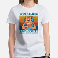 Pro Wrestling T-Shirt - Gifts for Wrestlers, Coffee Lovers - Smokey The Bear Shirt - Wrestling And Coffee Because Murder Is Wrong Tee - White, Women