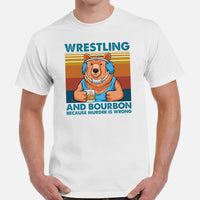 Pro Wrestling T-Shirt - Gifts for Wrestlers, Wine Lovers - Smokey The Bear Shirt - Wrestling And Wine Because Murder Is Wrong Tee - White, Men