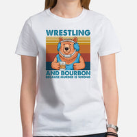 Pro Wrestling T-Shirt - Gifts for Wrestlers, Wine Lovers - Smokey The Bear Shirt - Wrestling And Wine Because Murder Is Wrong Tee - White, Women