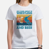 Pro Wrestling T-Shirt - Martial Arts Outfit, Clothes - Gifts for Wrestlers, Beer Lovers - All I Care About Is Wrestling And Beer Tee - White, Women