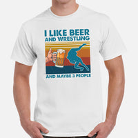 Pro Wrestling T-Shirt - Martial Arts Outfit, Clothes - Gifts for Wrestlers, Beer Lovers - I Like Beer & Wrestling & Maybe 3 People Tee - White, Men