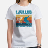 Pro Wrestling T-Shirt - Martial Arts Outfit, Clothes - Gifts for Wrestlers, Beer Lovers - I Like Beer & Wrestling & Maybe 3 People Tee - White, Women