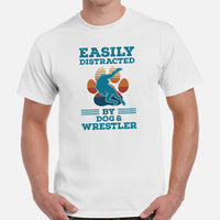 Pro Wrestling T-Shirt - Martial Arts Outfit, Clothes - Gifts for Wrestlers, Dog Lovers - Easily Distracted By Dogs And Wrestling Tee - White, Men