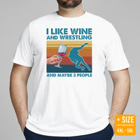 Pro Wrestling T-Shirt - Martial Arts Outfit, Clothes - Gifts for Wrestlers, Wine Lovers - I Like Wine & Wrestling & Maybe 3 People Tee - White, Plus Size