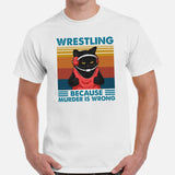 Pro Wrestling T-Shirt - Martial Arts Outfit, Wear, Clothes - Gifts for Wrestlers, Cat Lovers - Wrestling Because Murder Is Wrong Tee - White, Men