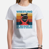 Pro Wrestling T-Shirt - Martial Arts Outfit, Wear, Clothes - Gifts for Wrestlers, Cat Lovers - Wrestling Because Murder Is Wrong Tee - White, Women