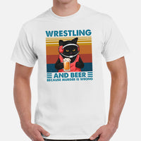 Pro Wrestling T-Shirt - Martial Arts Outfit, Wear - Gifts for Wrestlers, Cat Lovers - Wrestling And Beer Because Murder Is Wrong Tee - White, Men