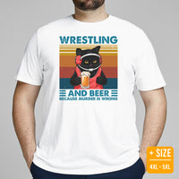 Pro Wrestling T-Shirt - Martial Arts Outfit, Wear - Gifts for Wrestlers, Cat Lovers - Wrestling And Beer Because Murder Is Wrong Tee - White, Plus Size