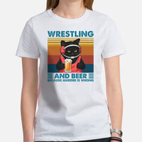 Pro Wrestling T-Shirt - Martial Arts Outfit, Wear - Gifts for Wrestlers, Cat Lovers - Wrestling And Beer Because Murder Is Wrong Tee - White, Women