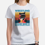 Pro Wrestling T-Shirt - Martial Arts Outfit, Wear - Gifts for Wrestlers, Cat Lovers - Wrestling And Beer Because Murder Is Wrong Tee - White, Women