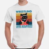 Pro Wrestling T-Shirt - Martial Arts Outfit, Wear - Gifts for Wrestlers, Cat Lovers - Wrestling And Bourbon Because Murder Is Wrong Tee - White, Men