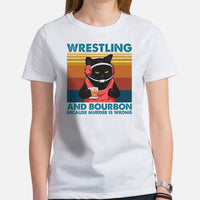 Pro Wrestling T-Shirt - Martial Arts Outfit, Wear - Gifts for Wrestlers, Cat Lovers - Wrestling And Bourbon Because Murder Is Wrong Tee - White, Women