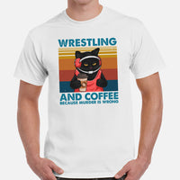 Pro Wrestling T-Shirt - Martial Arts Outfit, Wear - Gifts for Wrestlers, Cat Lovers - Wrestling And Coffee Because Murder Is Wrong Tee - White, Men