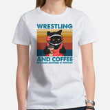 Pro Wrestling T-Shirt - Martial Arts Outfit, Wear - Gifts for Wrestlers, Cat Lovers - Wrestling And Coffee Because Murder Is Wrong Tee - White, Women