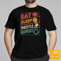 Pro Wrestling T-Shirt - Professional Martial Arts Outfit, Gear, Clothes - Gifts for Wrestlers - 80s Retro Eat Sleep Wrestle Repeat Tee - Black, Plus Size