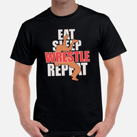 Pro Wrestling T-Shirt - Professional Martial Arts Outfit, Gear, Clothes - Gifts for Wrestlers - Funny Eat Sleep Wrestle Repeat Tee - Black, Men