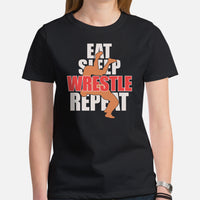 Pro Wrestling T-Shirt - Professional Martial Arts Outfit, Gear, Clothes - Gifts for Wrestlers - Funny Eat Sleep Wrestle Repeat Tee - Black, Women