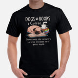 Pug Dog Themed Clothes & Attire - Funny Canine Tee Shirts For Humans - Gifts for Coffee & Dog Lovers - Dogs, Books And Coffee T-Shirt - Black, Men