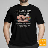 Pug Dog Themed Clothes & Attire - Funny Canine Tee Shirts For Humans - Gifts for Coffee & Dog Lovers - Dogs, Books And Coffee T-Shirt - Black, Plus Size