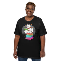 Bookish T-Shirt - Catshirt - Unique Presents, Gift Ideas for Book Lovers, Readers, Cat Lovers, Bookworms, Librarians - Reading Cat T-Shirt - Black, Large Size for Overweight