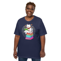 Bookish T-Shirt - Catshirt - Unique Presents, Gift Ideas for Book Lovers, Readers, Cat Lovers, Bookworms, Librarians - Reading Cat T-Shirt - Navy, Large Size for Overweight