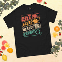 Bookish T-Shirt - Unique Presents, Gift Ideas for Book Lovers, Readers, Animal Lovers, Bookworms, Librarians - Eat Sleep Rescue Repeat Tee - Black