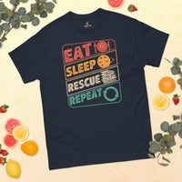 Bookish T-Shirt - Unique Presents, Gift Ideas for Book Lovers, Readers, Animal Lovers, Bookworms, Librarians - Eat Sleep Rescue Repeat Tee - Navy