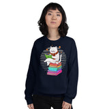 Purr-fect Book Lovers Gift Cute Cat Reading Book Sweatshirt - Adorable Cat Bookish Sweatshirt for Librarians, Cat and Book Enthusiasts - Navy, Women