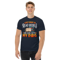 Purr-fect Book Lover's Gift for Dog Lover - I Just Want to Read Books and Hang With My Dogs Bookish Shirt for Bookworm, Fur Mom and Dad - Navy