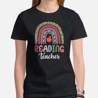 Reading Teacher Leopard Rainbow Bookish T-Shirt - Reading Squad, Reading Crew Tee for Book Lovers, Bookworms, Avid Readers - Black, Women